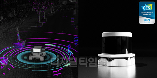 자율주행로봇의 정밀측위 솔루션 활용 예시(왼쪽)와 'CES 2021 혁신상'을 받은 모빌테크의 정밀측위 솔루션 'LC-로컬라이저'. 네이버 제공